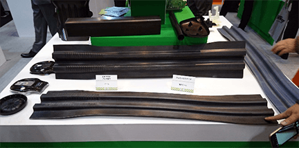 （株）浅野様の、CFRTP(熱可塑性炭素繊維強化プラスチック)プレスと、アルミ＋CFRTP複合ビームのサンプル